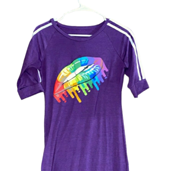 Sexy Plum Purple Bodycon Rainbow Lips Maxi Dress size S - Picture 6 of 14